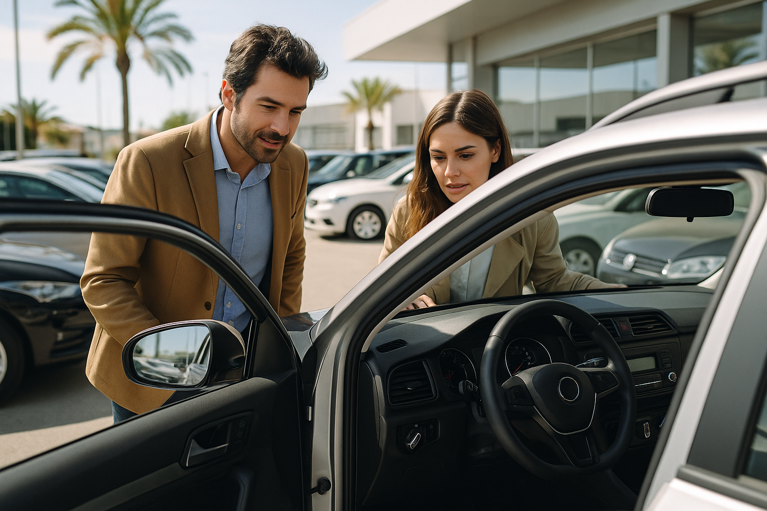 Cliente revisando un coche de segunda mano antes de comprarlo en un concesionario en España.