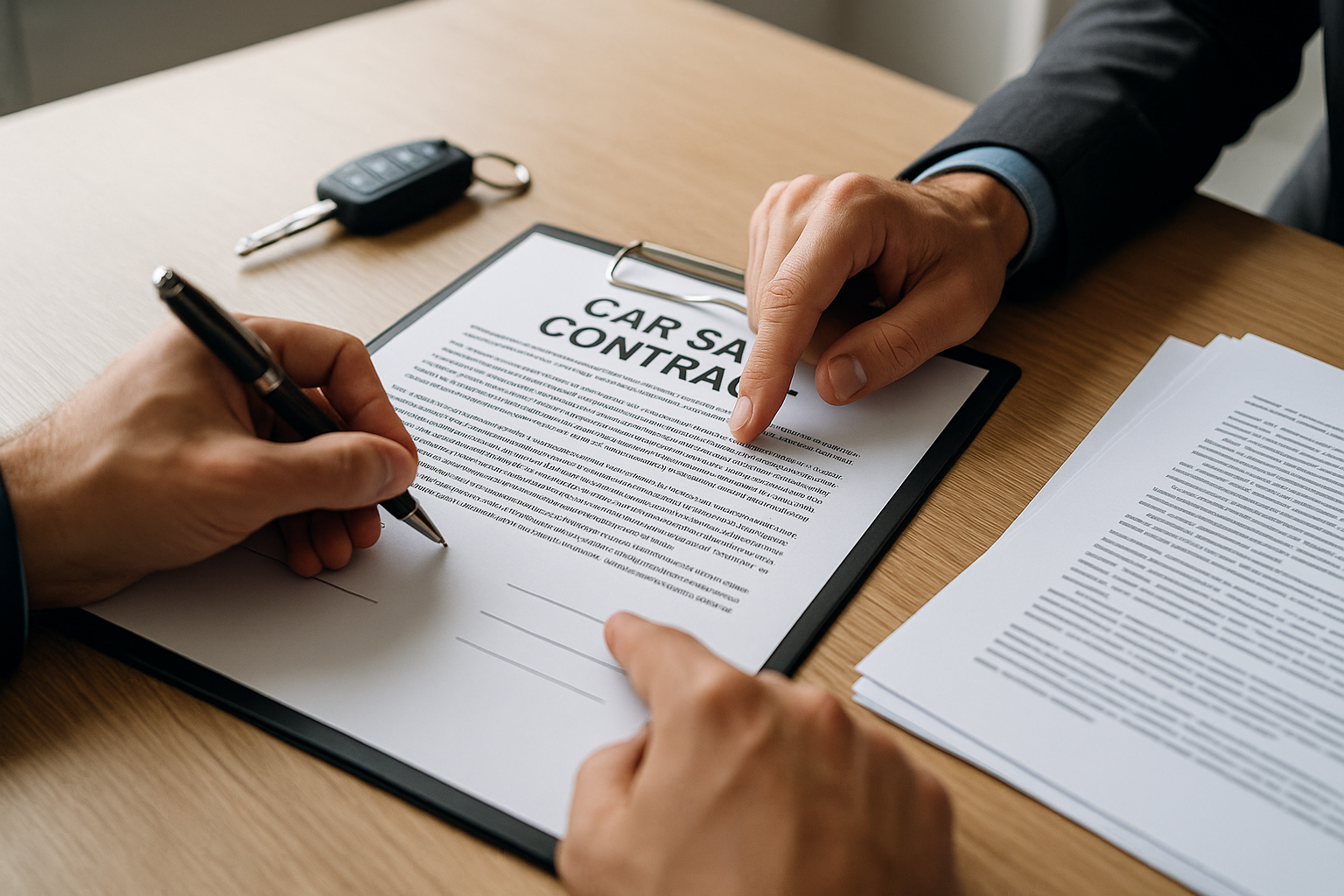 Contrato de compraventa de coche de segunda mano firmado en España.