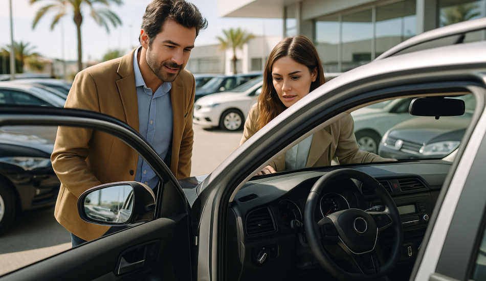 Cliente revisando un coche de segunda mano antes de comprarlo en un concesionario en España.