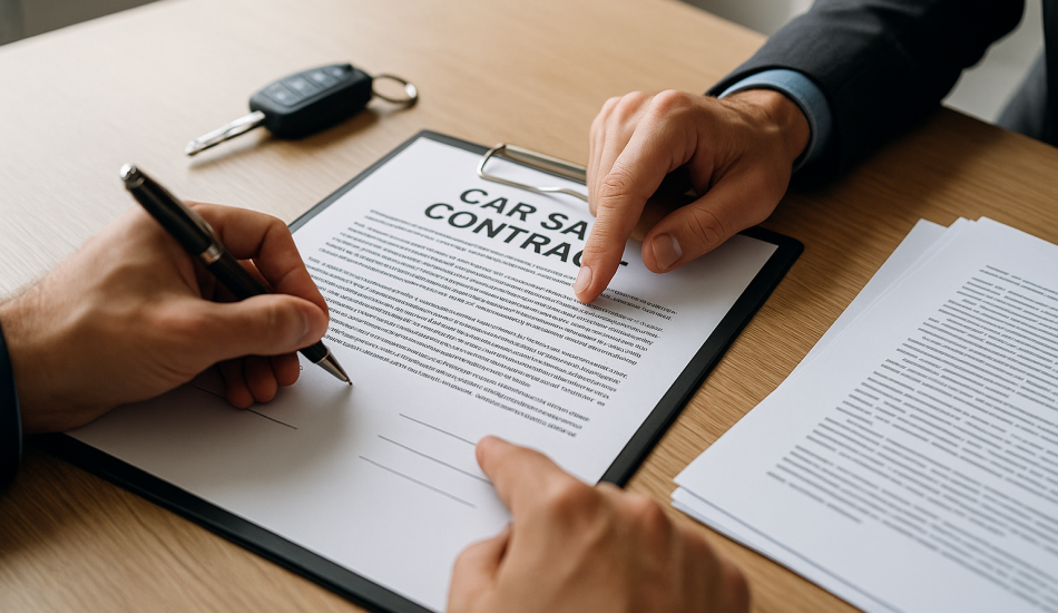 Contrato de compraventa de coche de segunda mano firmado en España.